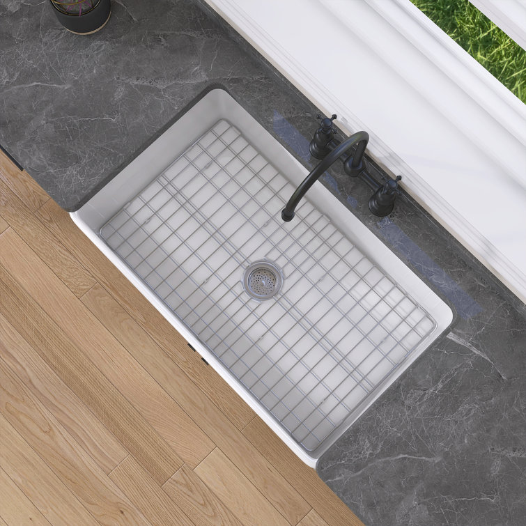 White Fireclay Single Bowl Farmhouse Kitchen Sink with Grid