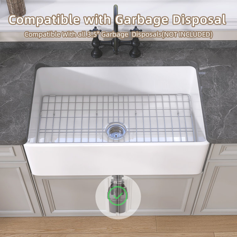 White Fireclay Single Bowl Farmhouse Kitchen Sink with Grid