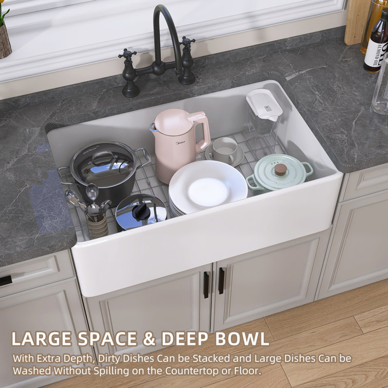 White Fireclay Single Bowl Farmhouse Kitchen Sink with Grid