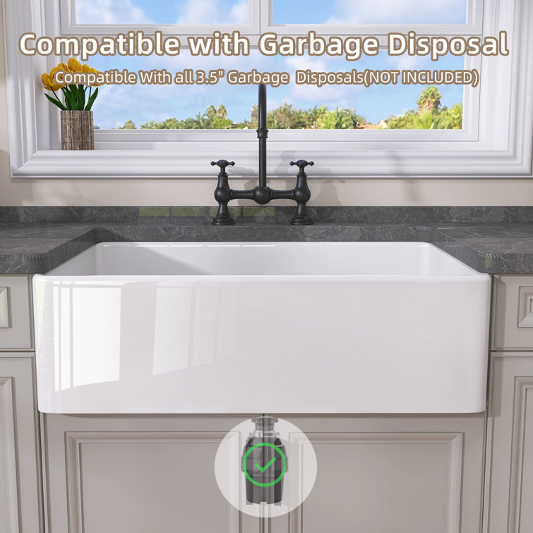 White Fireclay Single Bowl Farmhouse Kitchen Sink with Grid