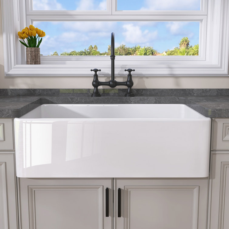 White Fireclay Single Bowl Farmhouse Kitchen Sink with Grid