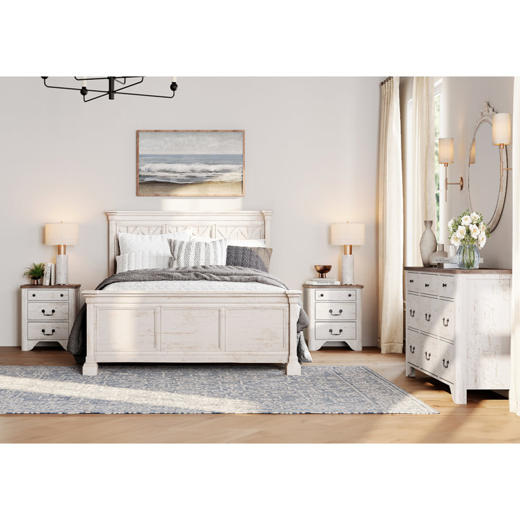White and Brown Solid Wood Farmhouse Bedroom Set with Charging Station