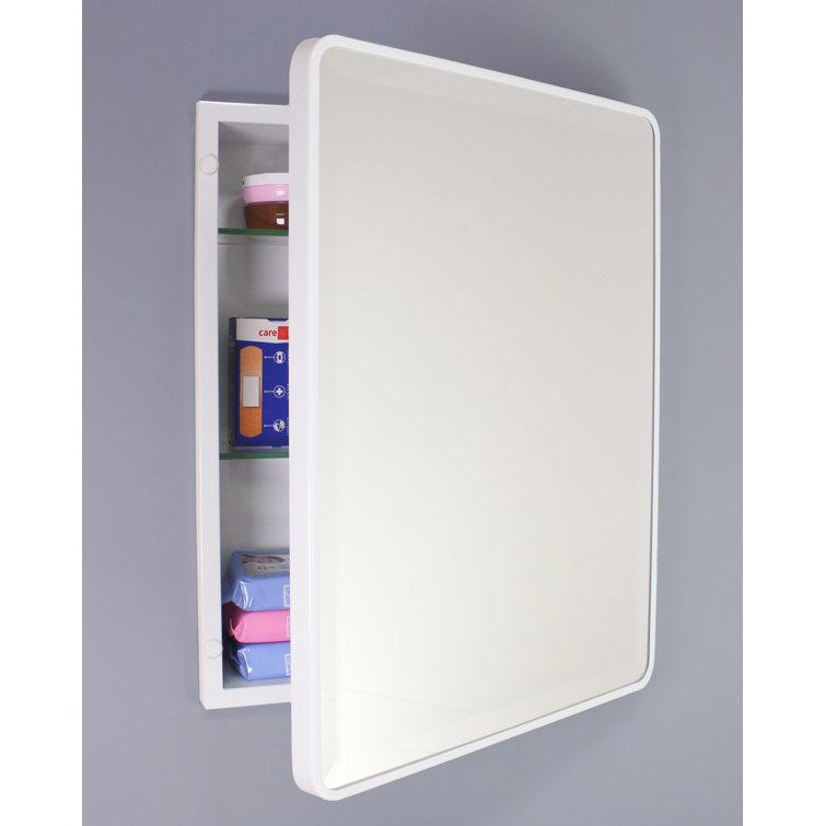 White Metal Framed Rounded Rectangle Recessed Medicine Cabinet with Mirror
