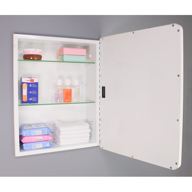 White Metal Framed Rounded Rectangle Recessed Medicine Cabinet with Mirror