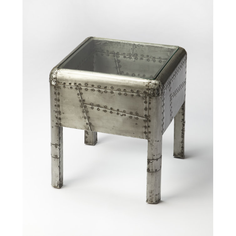 Industrial Silver Metal and Glass End Table