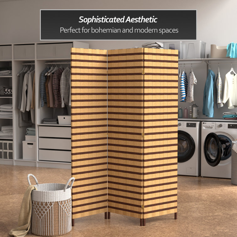 Natural Fiber Two-Tone Folding Room Divider with Spruce Frame