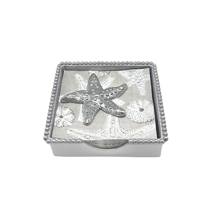 Silver Sea Star Beaded Napkin Box with Aqua Shell Napkins