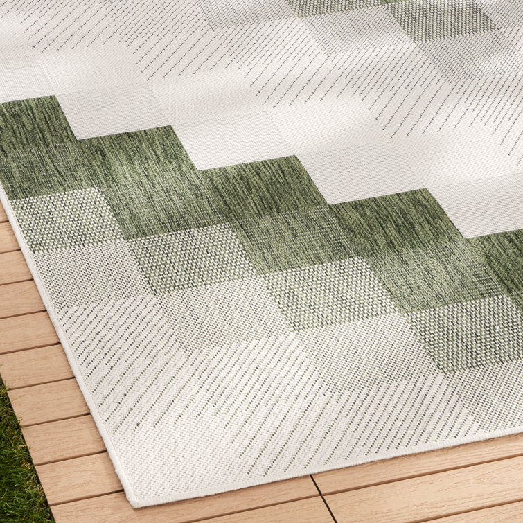 Green and Cream Chevron Pattern Outdoor Area Rug, 4 ft x 5 ft