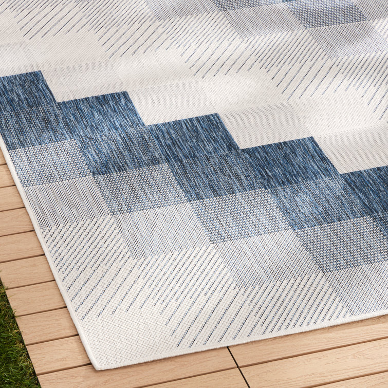 Navy Blue and Cream Rectangular Synthetic Chevron Rug