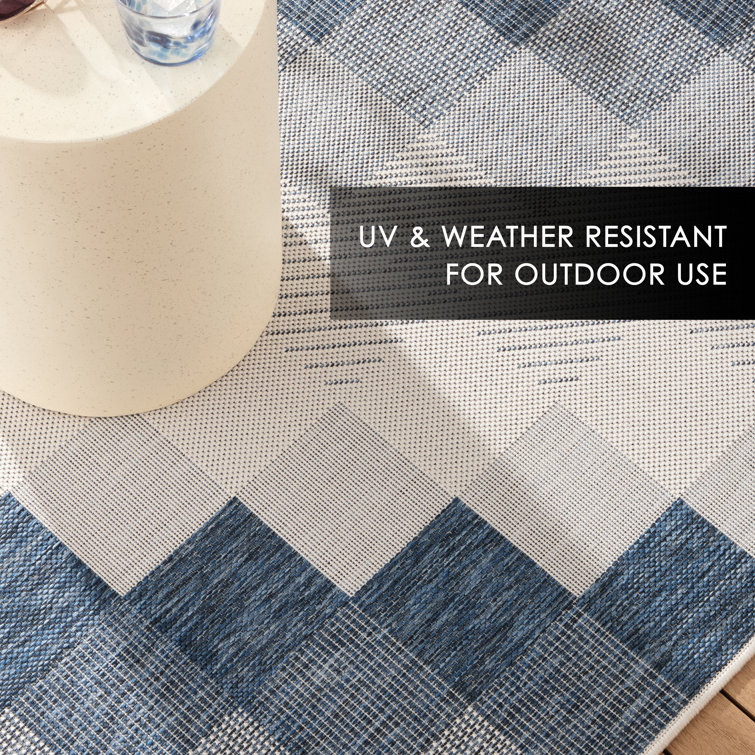 Navy Blue and Cream Rectangular Synthetic Chevron Rug
