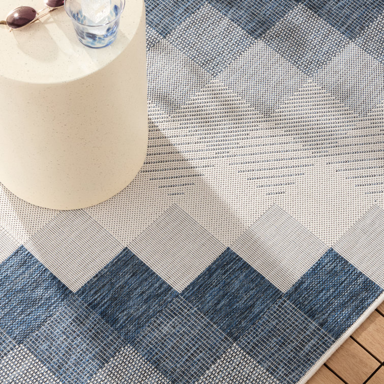 Navy Blue and Cream Rectangular Synthetic Chevron Rug