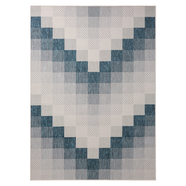 Navy Blue and Cream Rectangular Synthetic Chevron Rug