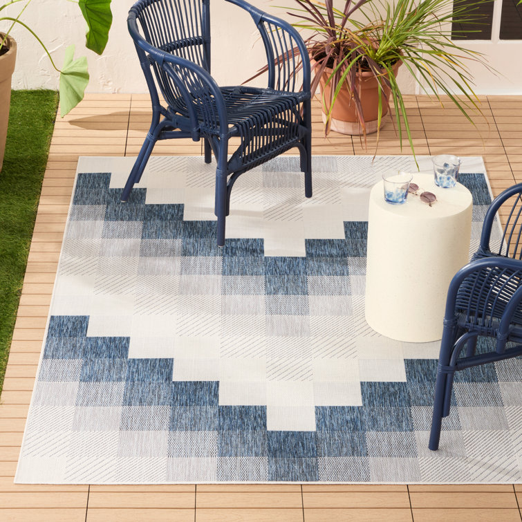 Navy Blue and Cream Rectangular Synthetic Chevron Rug