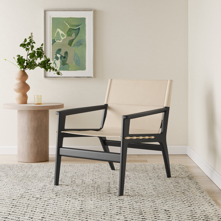 Culkin White Leather and Mahogany Wood Sling Chair