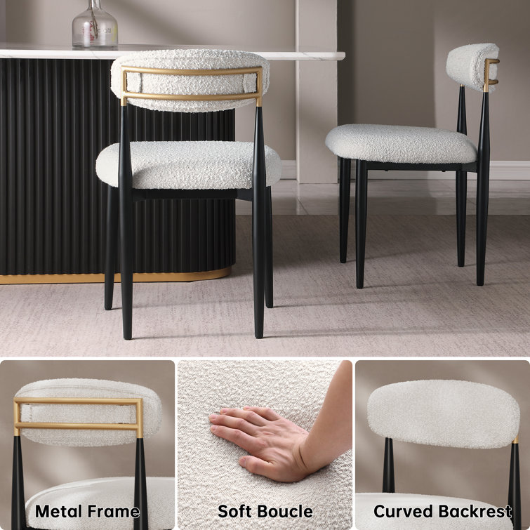 White Boucle Upholstered Side Chair with Black Metal Legs