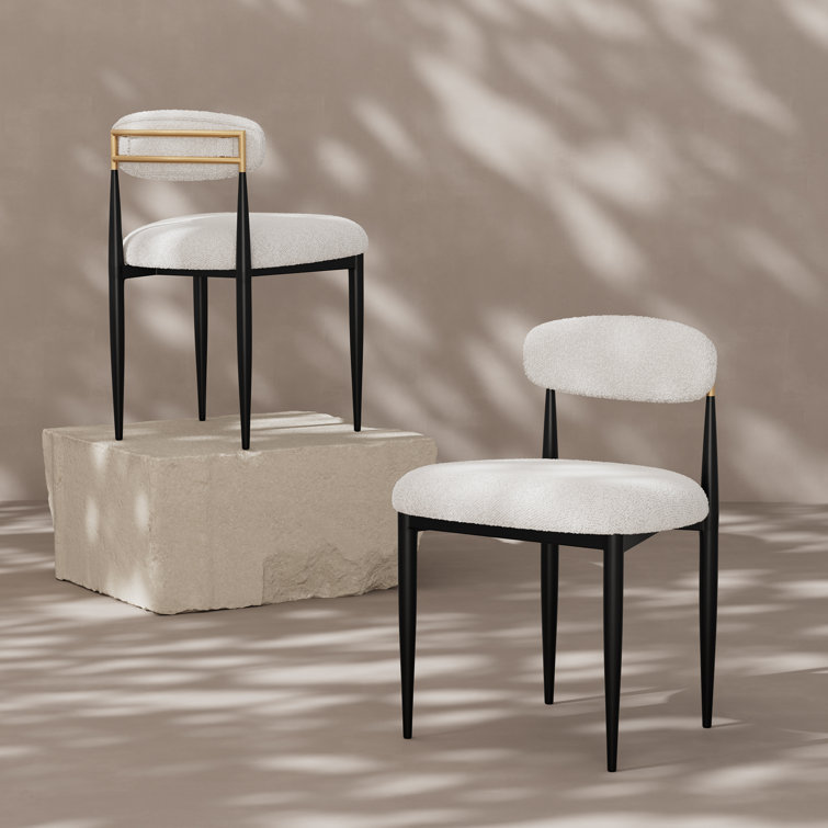 White Boucle Upholstered Side Chair with Black Metal Legs
