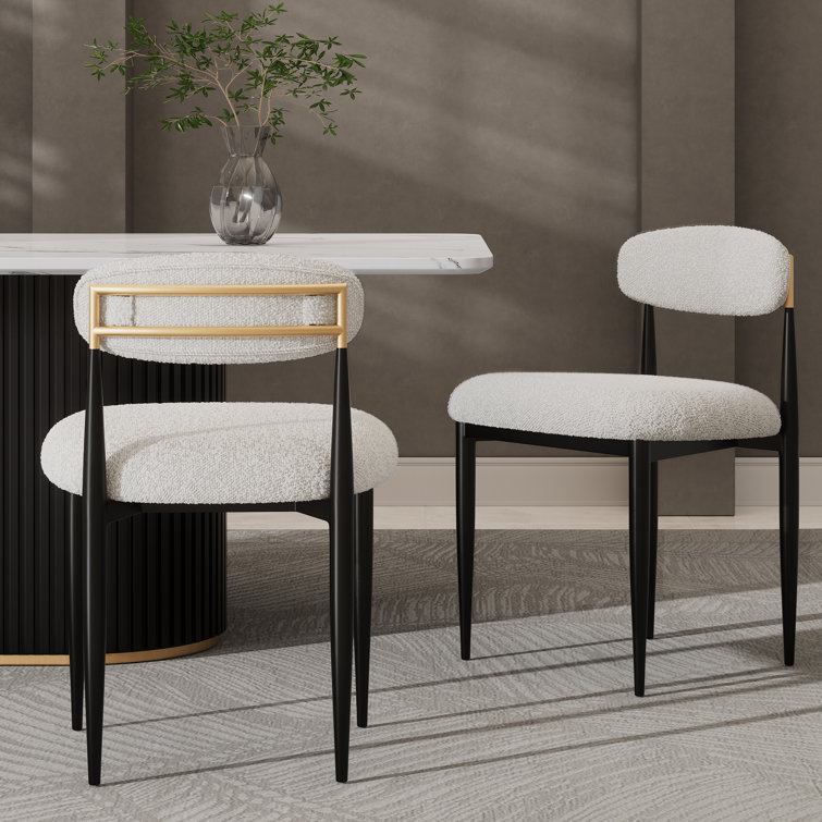 White Boucle Upholstered Side Chair with Black Metal Legs