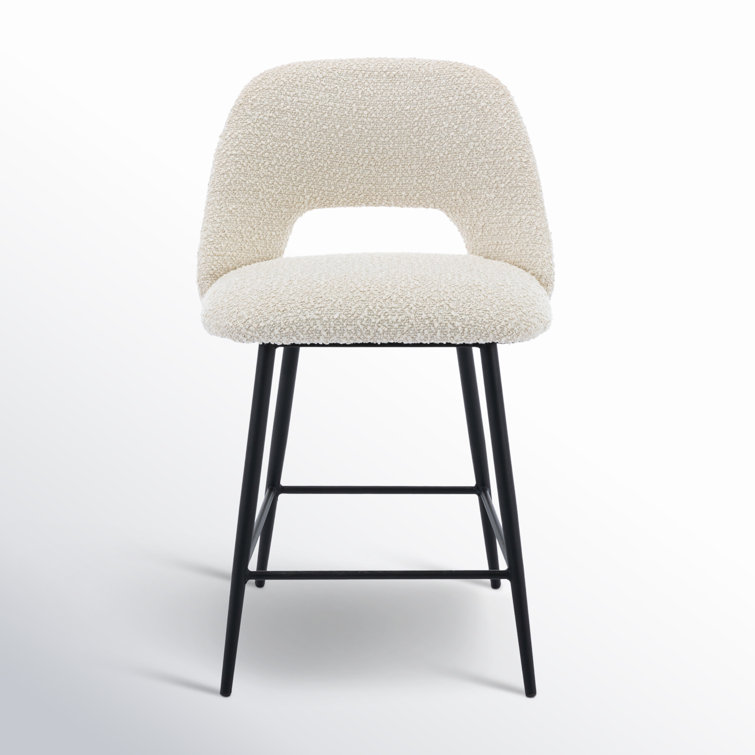 White Boucle Upholstered Counter Stools with Black Metal Legs, Set of 2