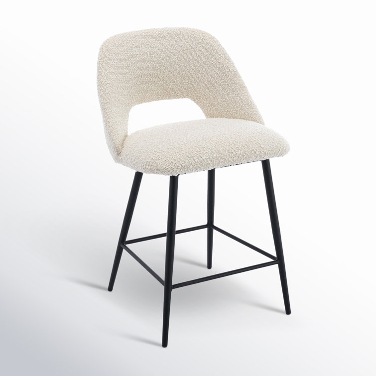 White Boucle Upholstered Counter Stools with Black Metal Legs, Set of 2