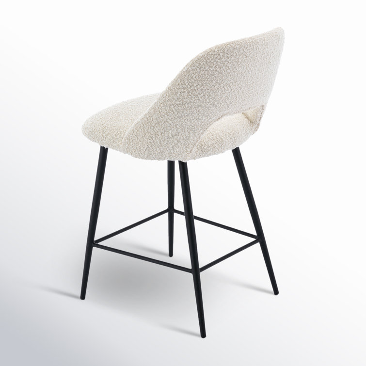 White Boucle Upholstered Counter Stools with Black Metal Legs, Set of 2