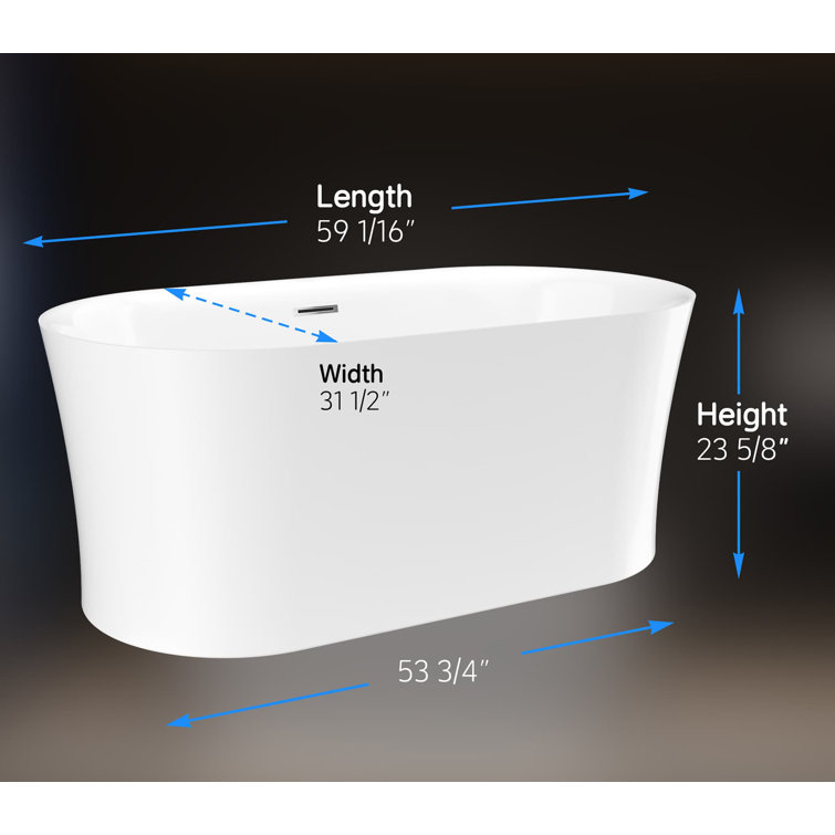 59" White Acrylic Freestanding Oval Soaking Bathtub
