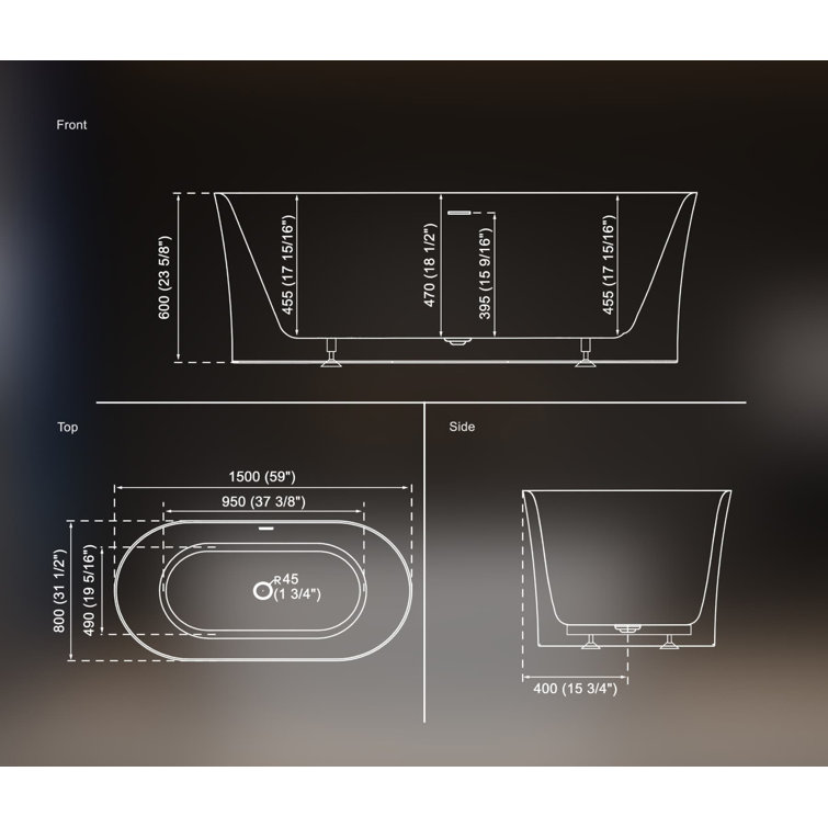 59" White Acrylic Freestanding Oval Soaking Bathtub
