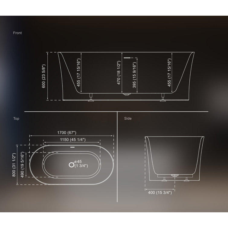67" White Acrylic Freestanding Oval Soaking Bathtub