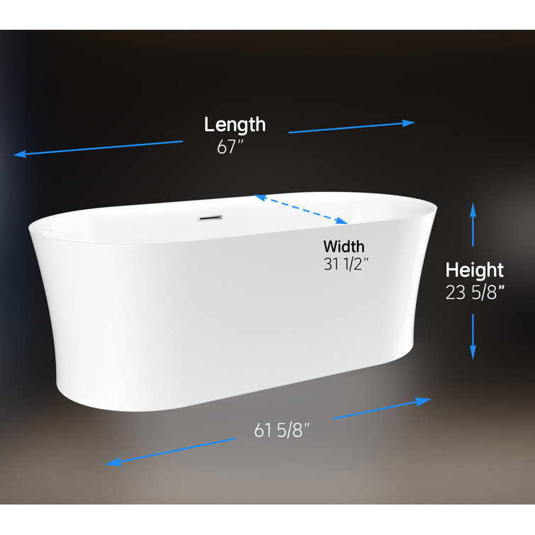 67" White Acrylic Freestanding Oval Soaking Bathtub