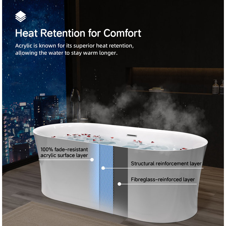 67" White Acrylic Freestanding Oval Soaking Bathtub