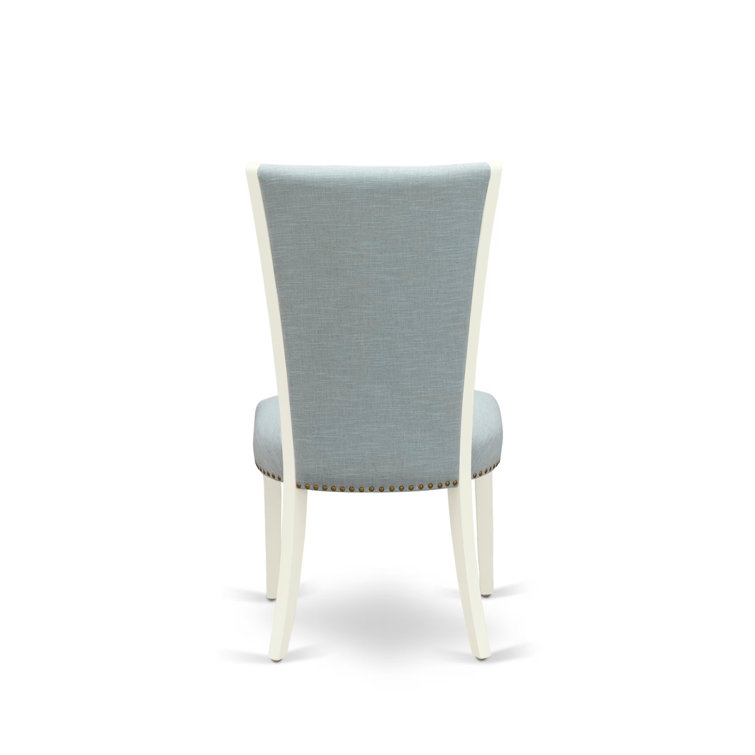 Linen White Round Pedestal Table with Baby Blue Fabric Chairs