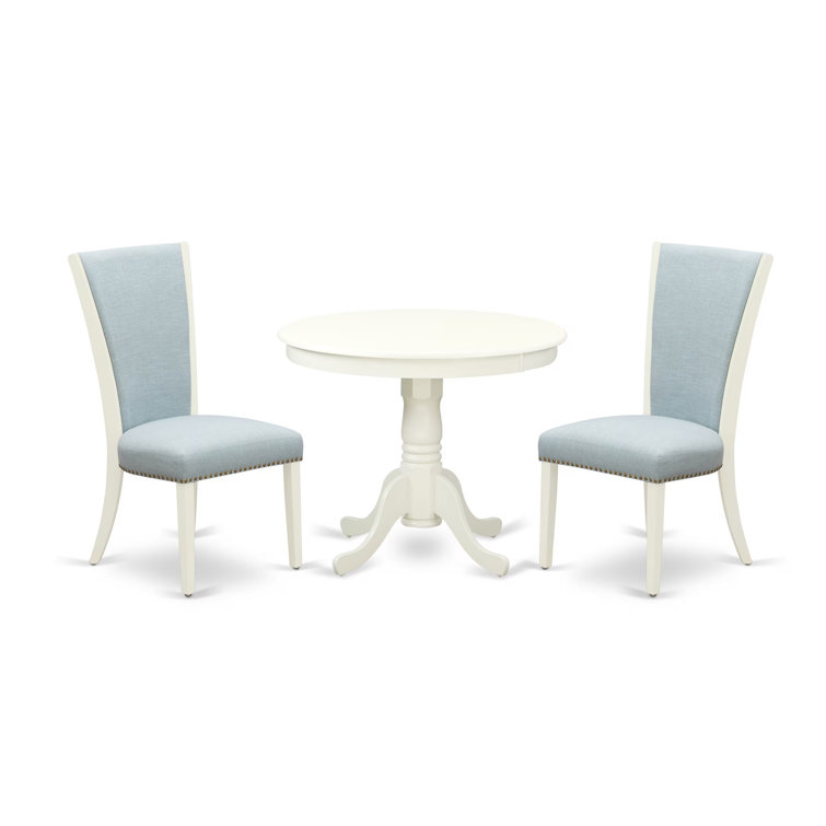 Linen White Round Pedestal Table with Baby Blue Fabric Chairs