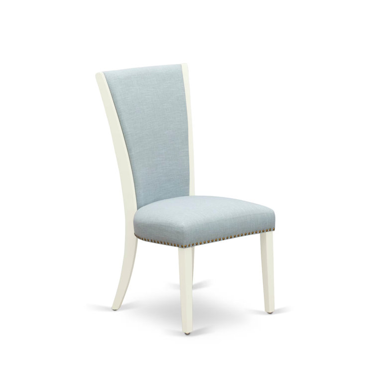 Linen White Round Pedestal Table with Baby Blue Fabric Chairs