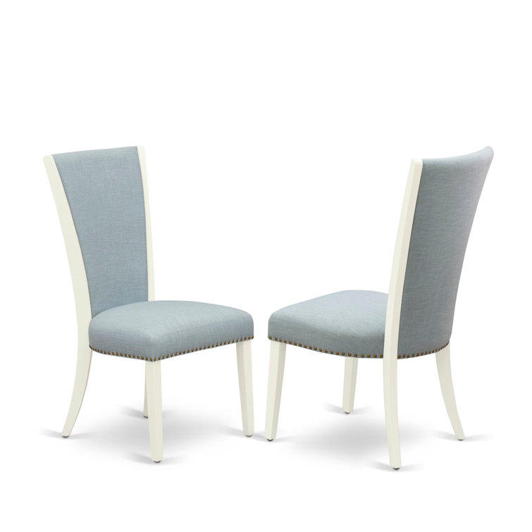 Linen White Round Pedestal Table with Baby Blue Fabric Chairs