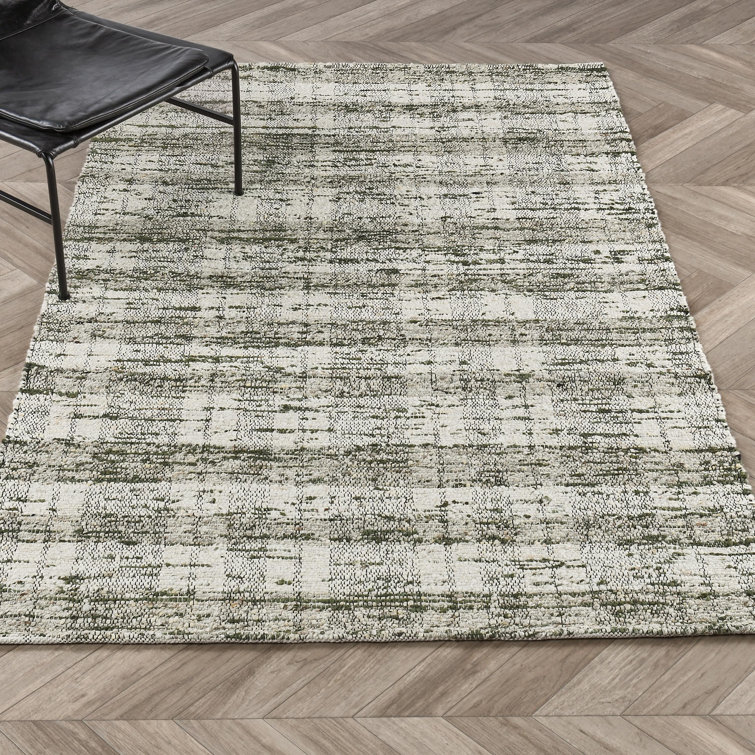 Handwoven Green and White Wool Cotton Plaid Area Rug 7' x 9'