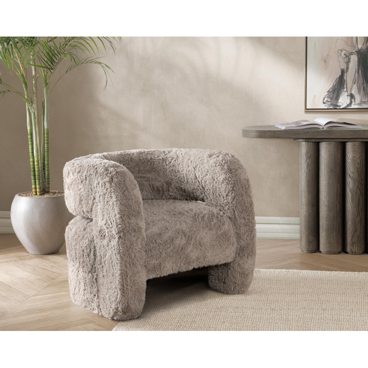 Beige Faux Fur Upholstered Barrel Chair with Solid Wood Frame