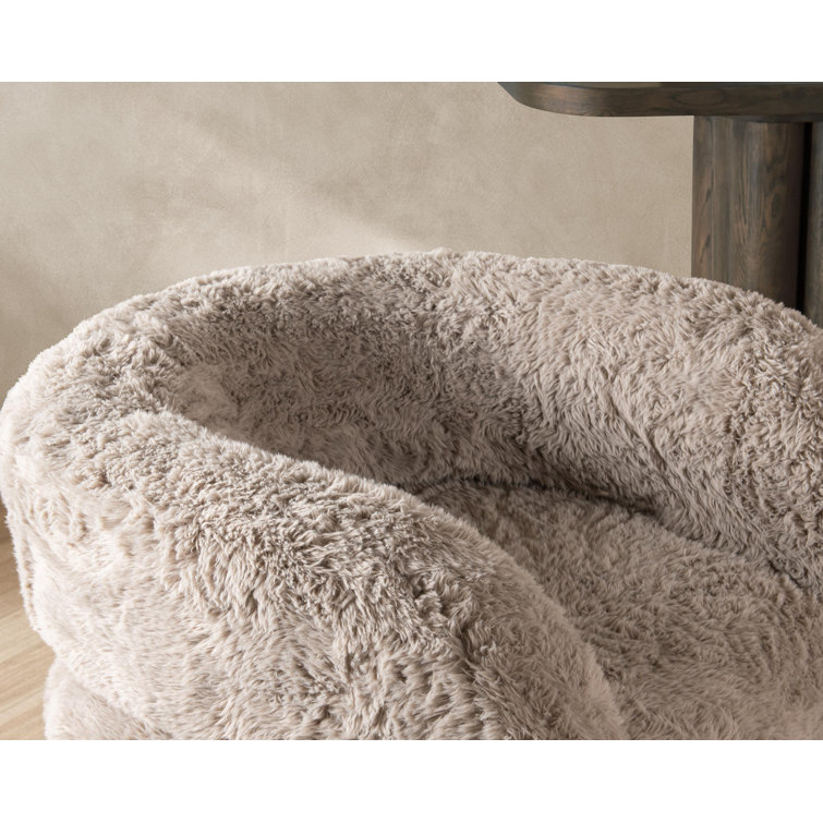 Beige Faux Fur Upholstered Barrel Chair with Solid Wood Frame