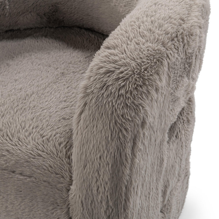 Beige Faux Fur Upholstered Barrel Chair with Solid Wood Frame