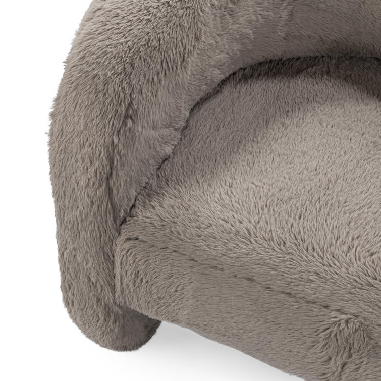 Beige Faux Fur Upholstered Barrel Chair with Solid Wood Frame