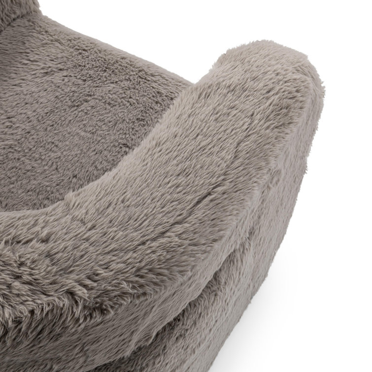 Beige Faux Fur Upholstered Barrel Chair with Solid Wood Frame
