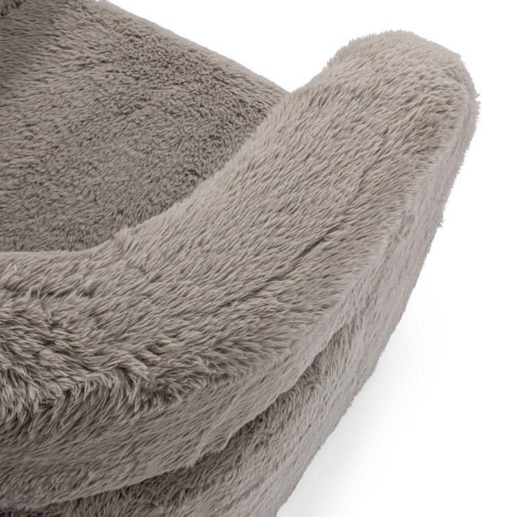 Beige Faux Fur Upholstered Barrel Chair with Solid Wood Frame