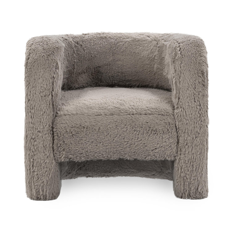 Beige Faux Fur Upholstered Barrel Chair with Solid Wood Frame