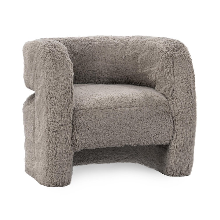 Beige Faux Fur Upholstered Barrel Chair with Solid Wood Frame