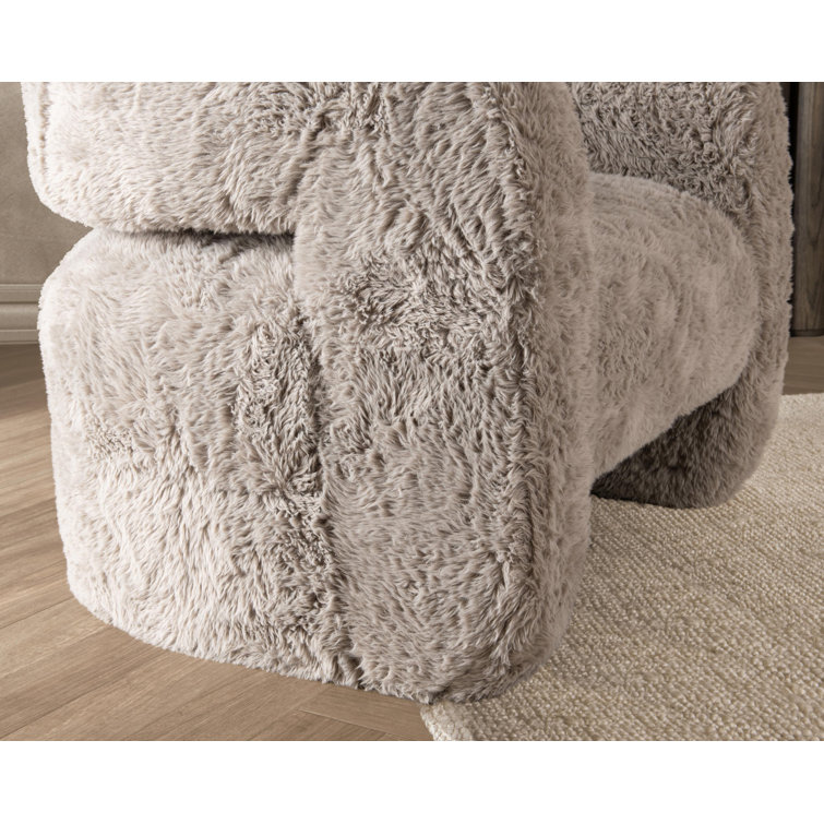 Beige Faux Fur Upholstered Barrel Chair with Solid Wood Frame