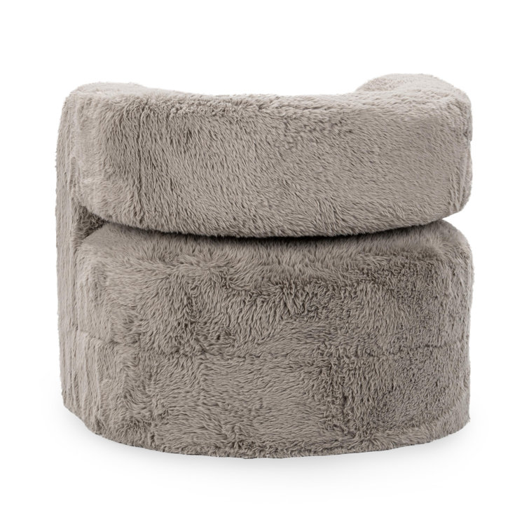 Beige Faux Fur Upholstered Barrel Chair with Solid Wood Frame