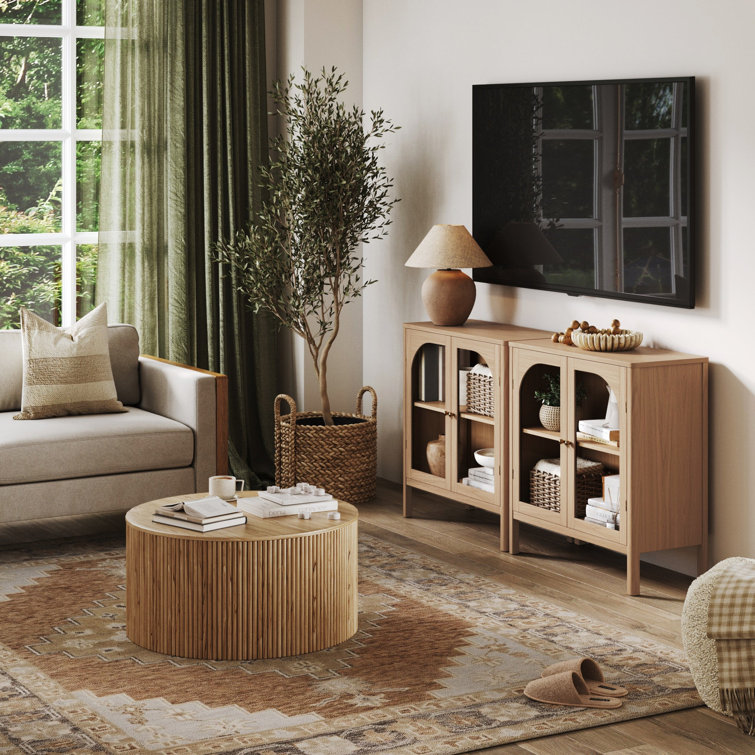 Raw Oak Modern Farmhouse Sideboard Buffet with Glass Doors