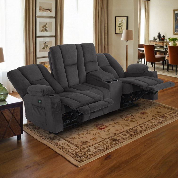 Gray Fabric Power Reclining Sectional Sofa with Cup Holders