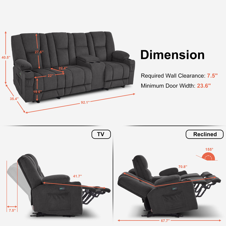 Gray Fabric Power Reclining Sectional Sofa with Cup Holders