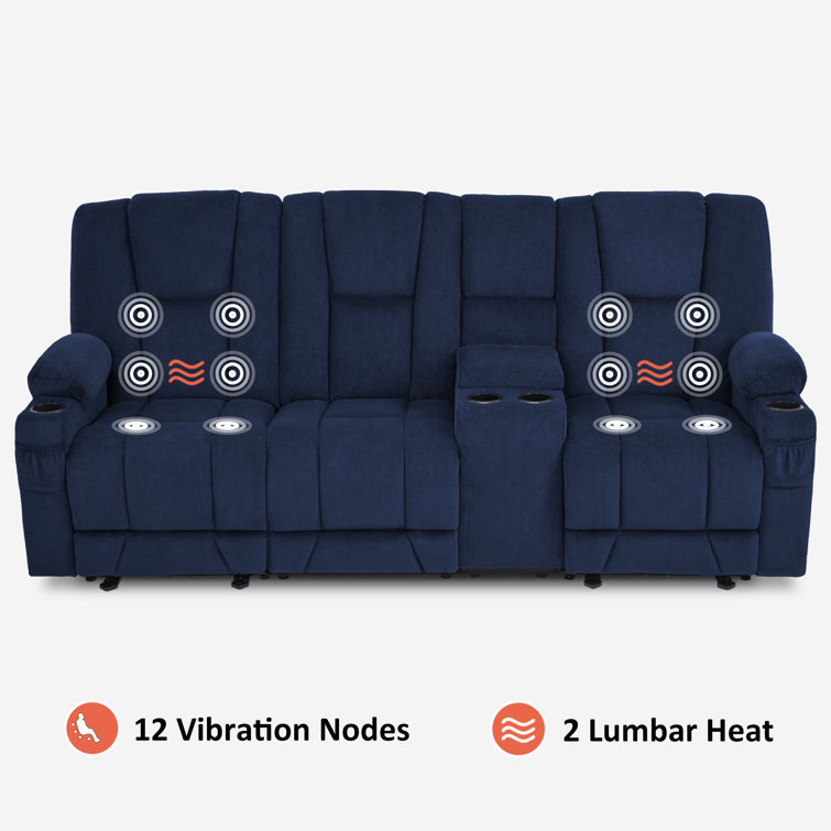 Navy Blue Polyester Blend Reclining Sofa with Cup Holders