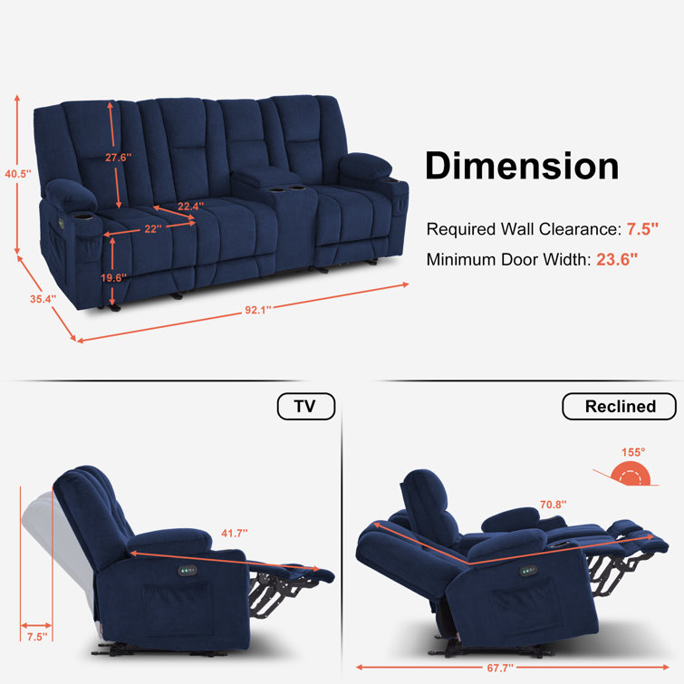 Navy Blue Polyester Blend Reclining Sofa with Cup Holders
