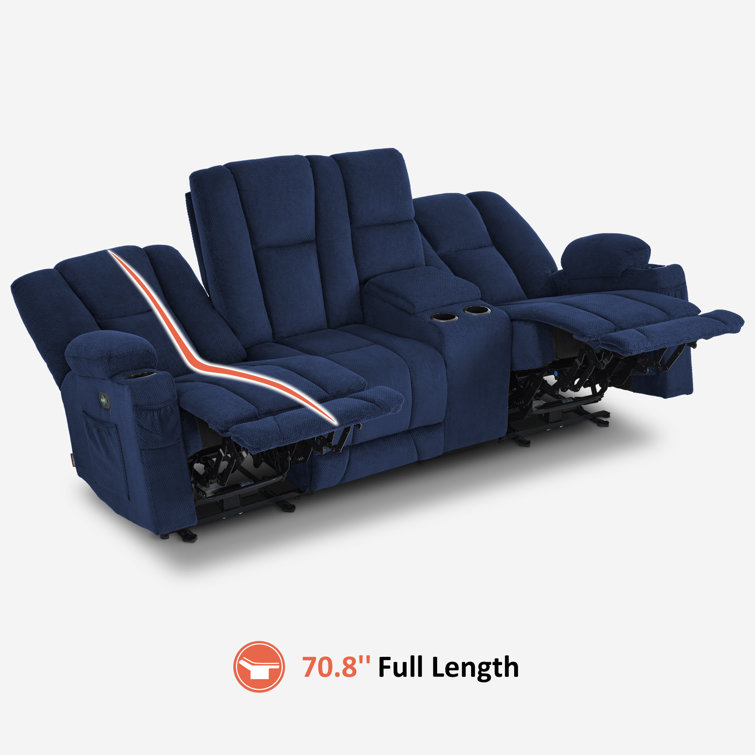 Navy Blue Polyester Blend Reclining Sofa with Cup Holders